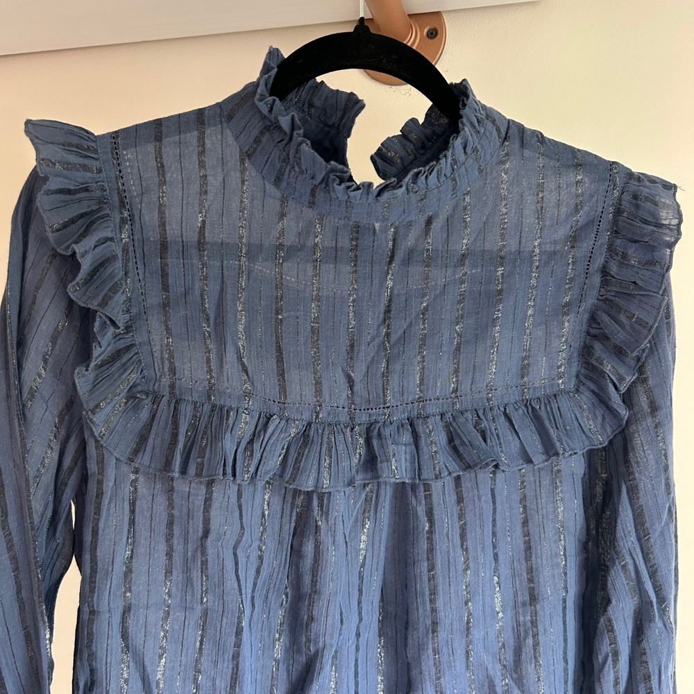 Anthropologie Sita Murt Betty high-neck blouse navy long sleeve blouse EU 38 US8 - Picture 2 of 7